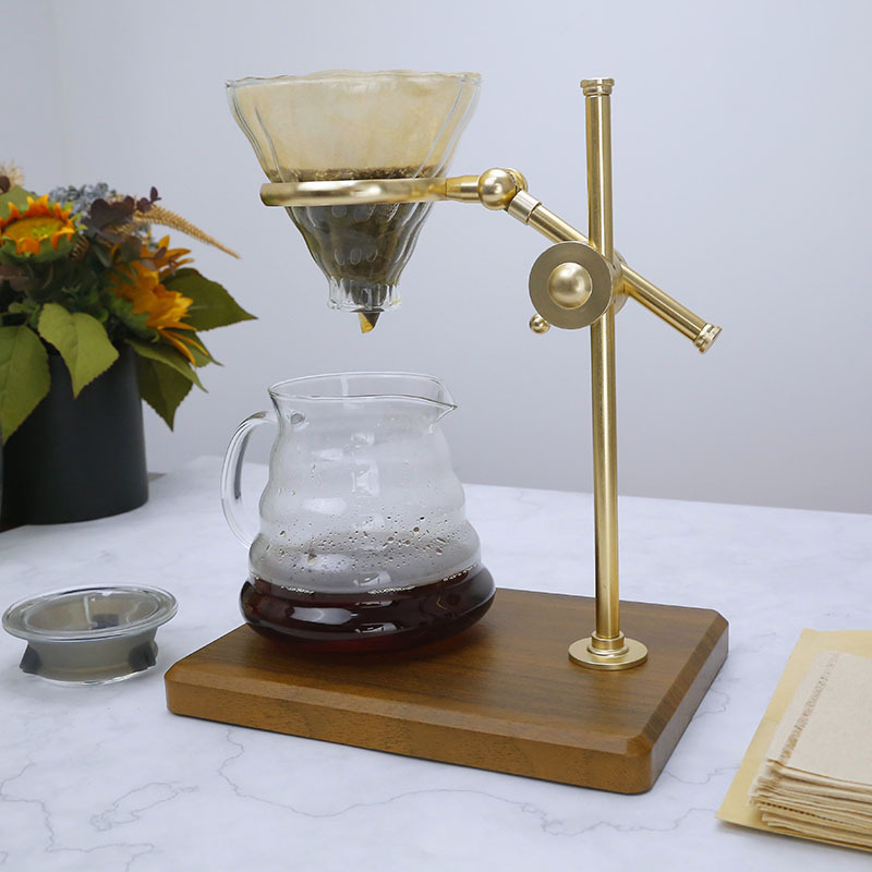 Cană de cafea turnată manual din sticlă borosilicat, suport din alamă și filtru de cafea pentru picurare