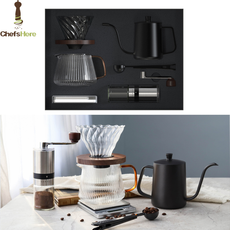 Set de cafea pour-over cu râșniță manuală și ceainic de turnare – cutie cadou pentru exterior și uz casnic