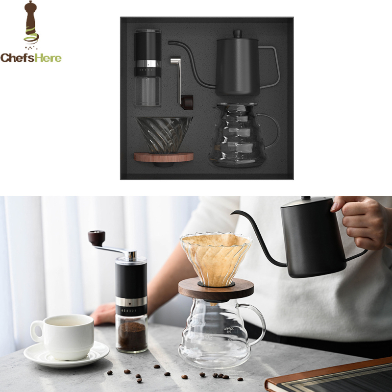 Set de cafea pour-over cu râșniță manuală și ceainic de turnare – cutie cadou pentru exterior și uz casnic