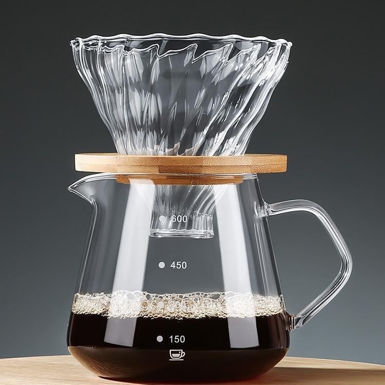 Set din sticlă pentru cafea turnată, cu filtru și scară de măsură