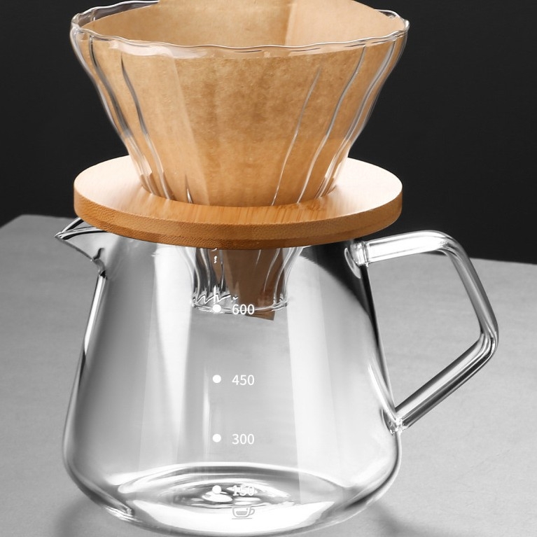Set din sticlă pentru cafea turnată, cu filtru și scară de măsură