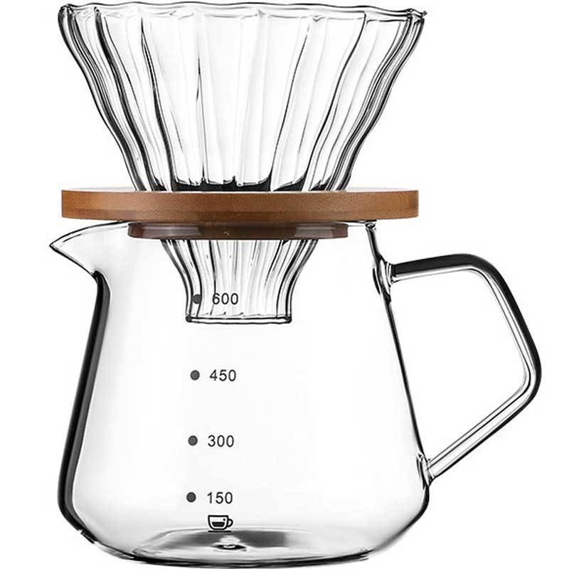 Set din sticlă pentru cafea turnată, cu filtru și scară de măsură