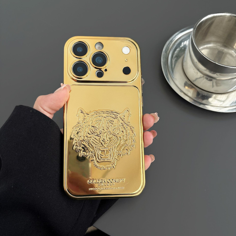 Luksuzni zaštitni kućište s elektropoliranom zlatnom tigrovom glavom za iPhone 17 Pro Max, kompatibilno s iPhone 16 i modelima 15/14/13