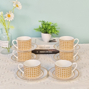 Set de cafea din porțelan osos, 15 piese, în stil european, cu model de căruță trasă de cai, cești, farfurioare, ceainic, zaharniță și recipient de lapte