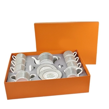 Set de cafea din porțelan osos, 15 piese, în stil european, cu model de căruță trasă de cai, cești, farfurioare, ceainic, zaharniță și recipient de lapte