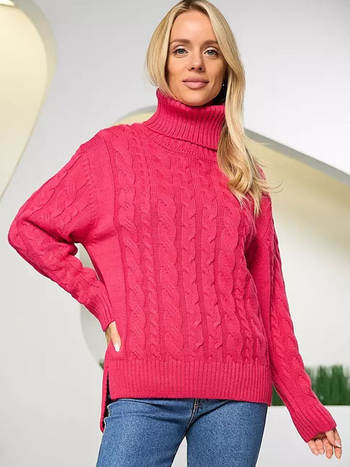 Női kapucnis, magas nyakú, vastag kötött pulóver, laza casual top