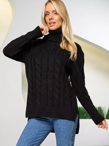 Női kapucnis, magas nyakú, vastag kötött pulóver, laza casual top