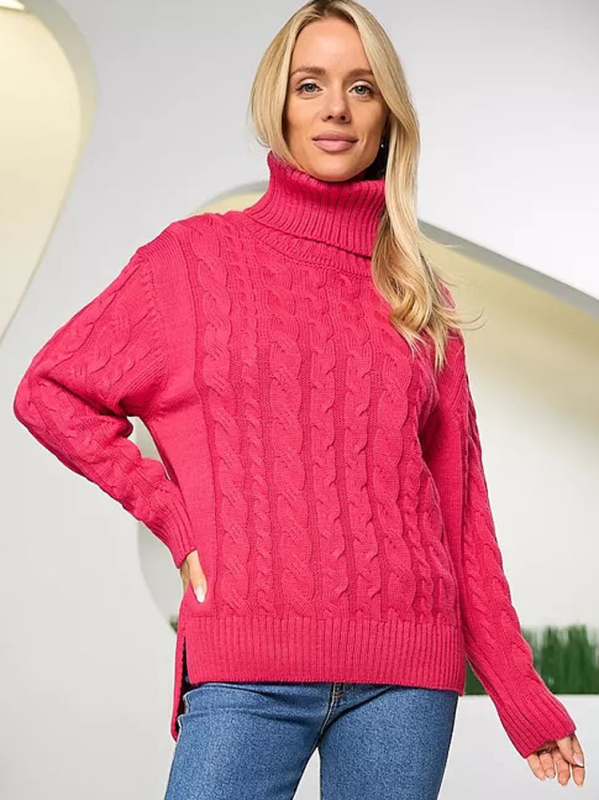 Női kapucnis, magas nyakú, vastag kötött pulóver, laza casual top