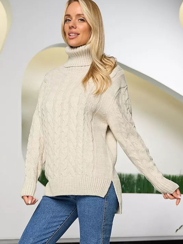 Női kapucnis, magas nyakú, vastag kötött pulóver, laza casual top