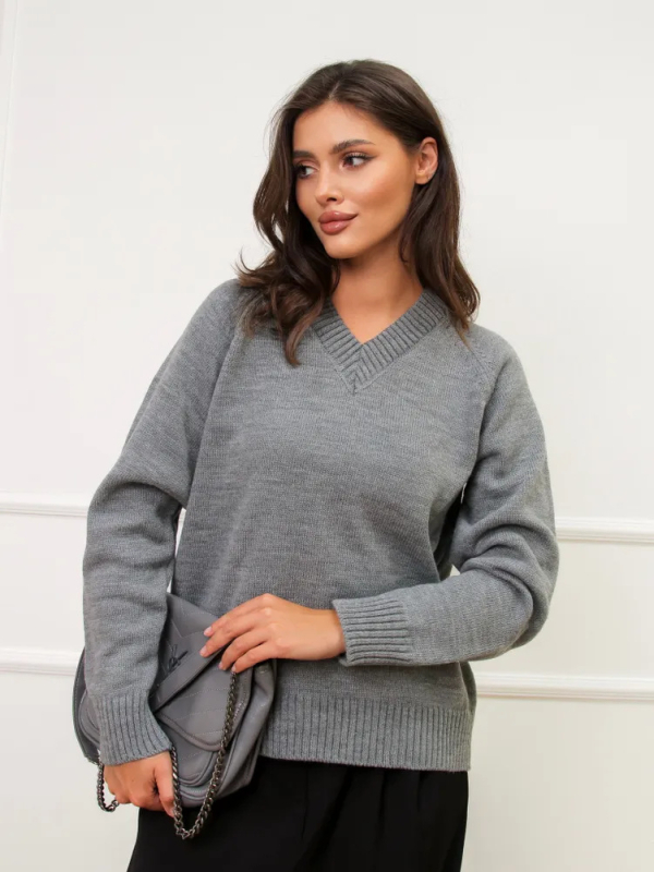 Oversize V-nyakú kötött pulóver hosszú ujjú