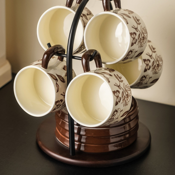 Set ceramic de ceai vintage cu suport de depozitare — ceainic și două cești cu farfurioare, într-o cutie cadou