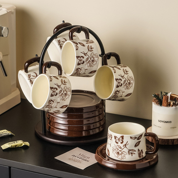 Set ceramic de ceai vintage cu suport de depozitare — ceainic și două cești cu farfurioare, într-o cutie cadou