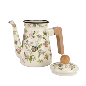 Ceainic emailat pentru turnare cu mâner din lemn, ceramic, pentru cafea și ceai, stil retro