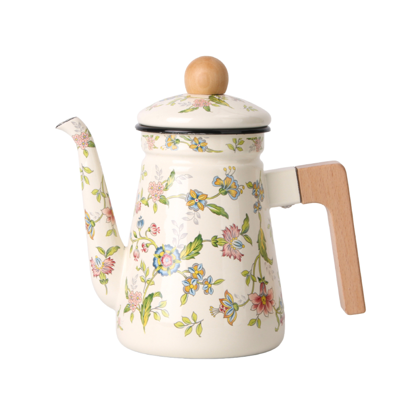 Ceainic emailat pentru turnare cu mâner din lemn, ceramic, pentru cafea și ceai, stil retro