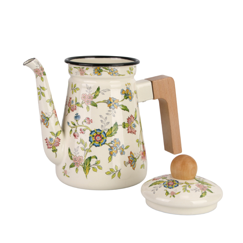 Ceainic emailat pentru turnare cu mâner din lemn, ceramic, pentru cafea și ceai, stil retro