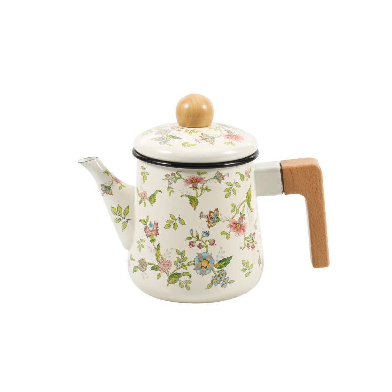 Ceainic emailat pentru turnare cu mâner din lemn, ceramic, pentru cafea și ceai, stil retro