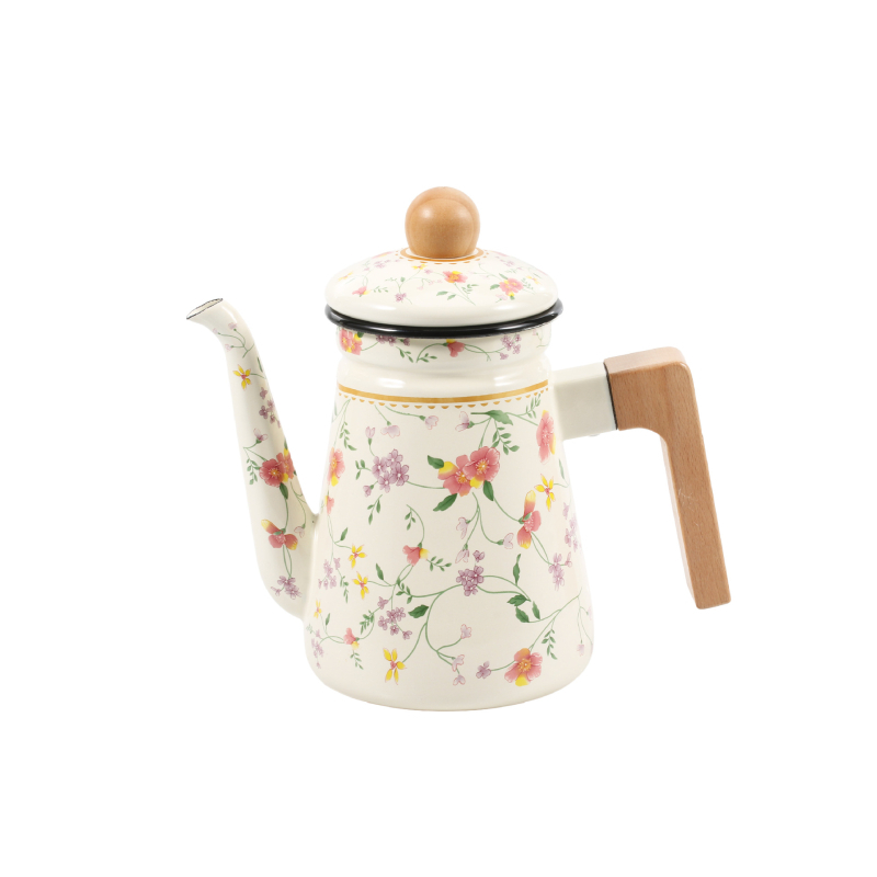 Ceainic emailat pentru turnare cu mâner din lemn, ceramic, pentru cafea și ceai, stil retro