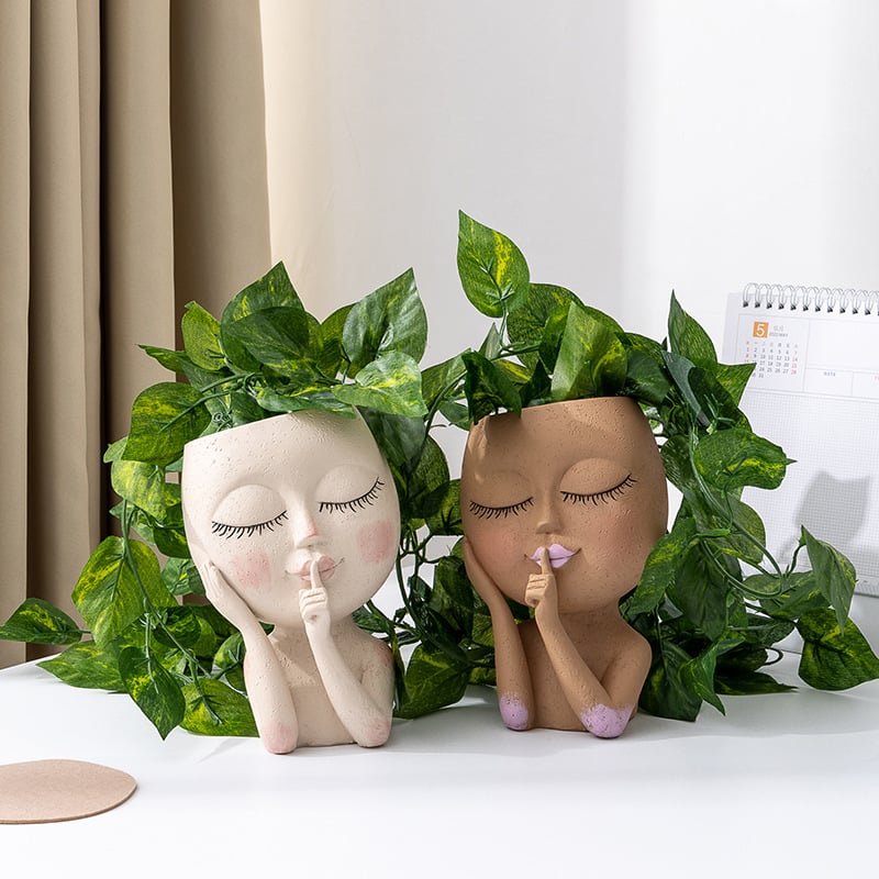Vază de plante din rășină cu față – pentru grădină și decor interior