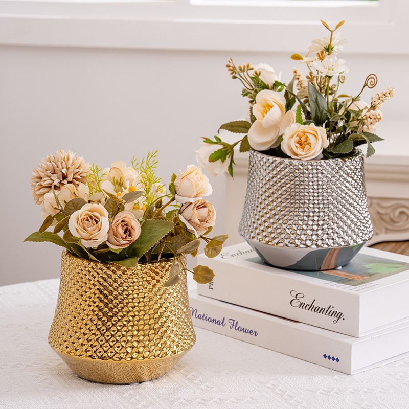 Ghiveci ceramic pentru orchidă Phalaenopsis cu finisaj auriu, în stil nordic, ghiveci pentru suculente