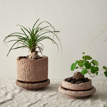 Ghiveci ceramic pentru flori, cu textură ciocănită, stil retro, ghiveci de birou cu tavă