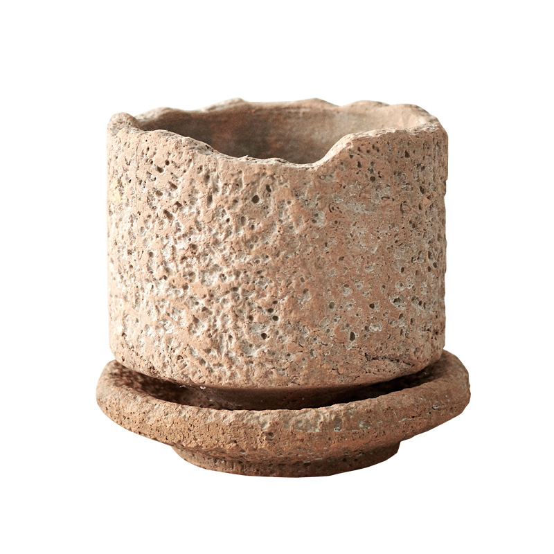 Ghiveci ceramic pentru flori, cu textură ciocănită, stil retro, ghiveci de birou cu tavă