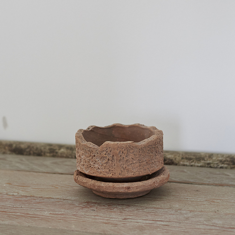 Ghiveci ceramic pentru flori, cu textură ciocănită, stil retro, ghiveci de birou cu tavă