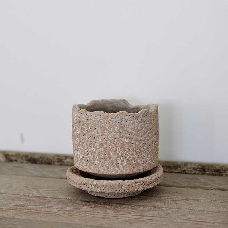 Ghiveci ceramic pentru flori, cu textură ciocănită, stil retro, ghiveci de birou cu tavă