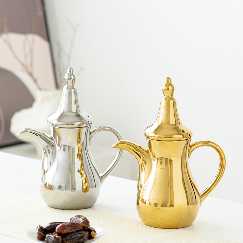 Set Dallah ceramic arab pentru cafea și ceainic de apă, finisaj electroplacat, stil lux ușor