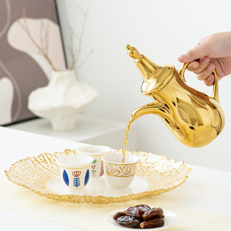 Set Dallah ceramic arab pentru cafea și ceainic de apă, finisaj electroplacat, stil lux ușor