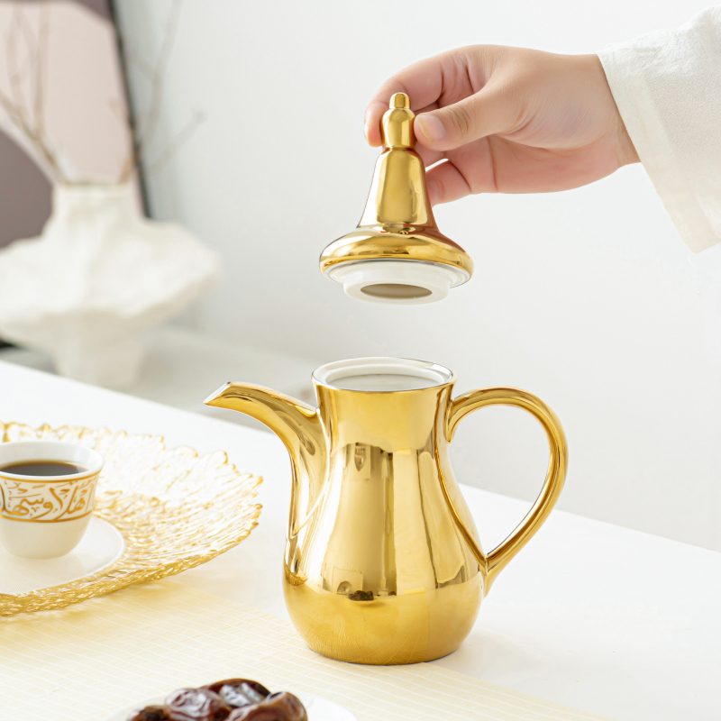 Set Dallah ceramic arab pentru cafea și ceainic de apă, finisaj electroplacat, stil lux ușor