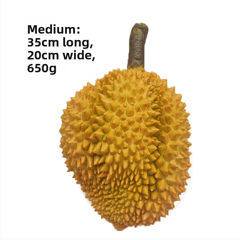 Durian plastové ovocie – realistická imitácia pre vitrínovú výzdobu a rekvizity na fotografovanie, dekoratívna hračka.