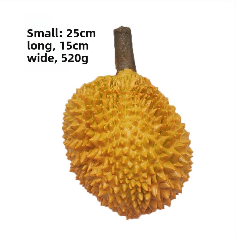 Durian plastové ovocie – realistická imitácia pre vitrínovú výzdobu a rekvizity na fotografovanie, dekoratívna hračka.