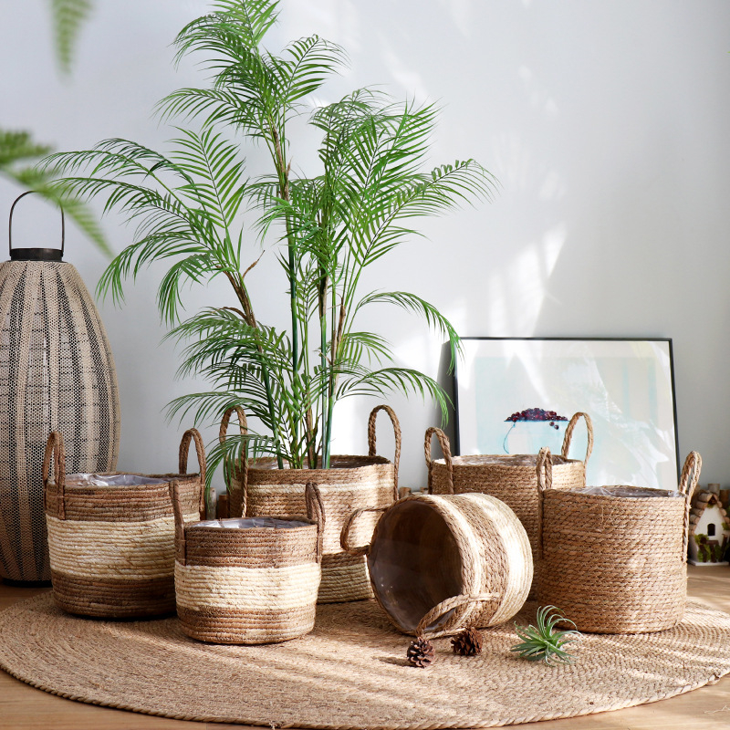 Set nordic împletit din ratan pentru ghivece cu suport la podea, decor interior de lux