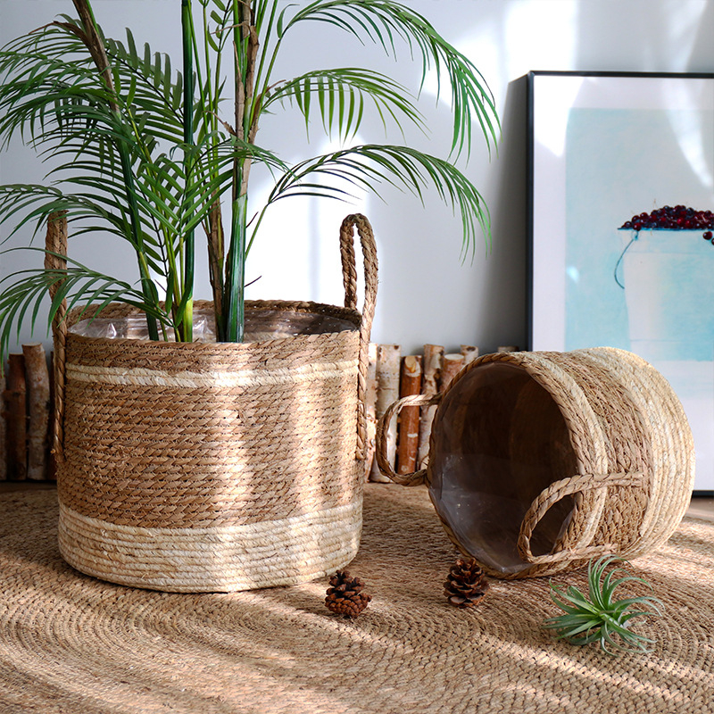 Set nordic împletit din ratan pentru ghivece cu suport la podea, decor interior de lux