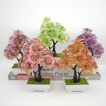 Plantă artificială verde pentru birou, bonsai de cireș din plastic în vază, decor fără întreținere