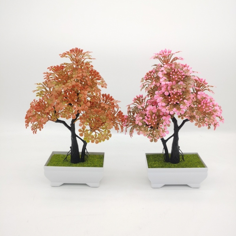 Plantă artificială verde pentru birou, bonsai de cireș din plastic în vază, decor fără întreținere