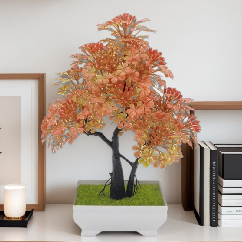 Plantă artificială verde pentru birou, bonsai de cireș din plastic în vază, decor fără întreținere