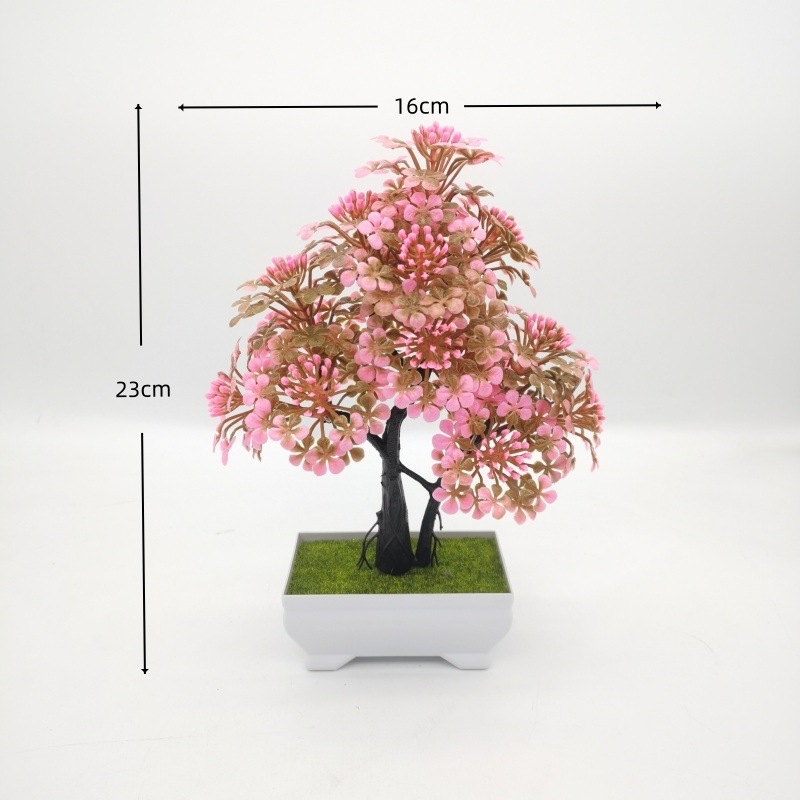 Plantă artificială verde pentru birou, bonsai de cireș din plastic în vază, decor fără întreținere