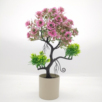 Plantă artificială în ghiveci cu roză și mini bonsai – decor pentru casă