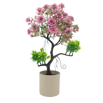 Plantă artificială în ghiveci cu roză și mini bonsai – decor pentru casă