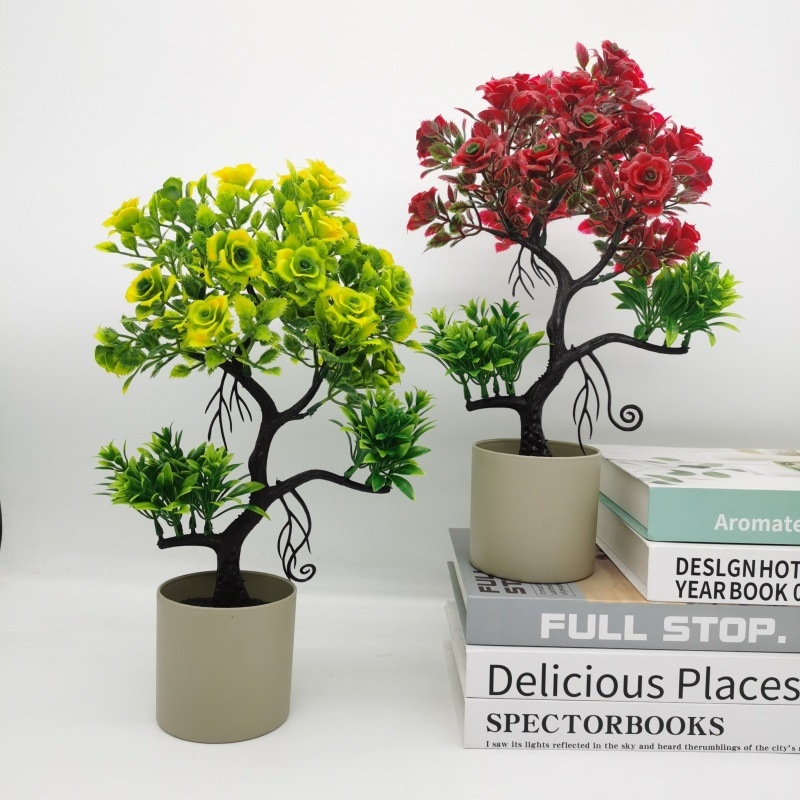 Plantă artificială în ghiveci cu roză și mini bonsai – decor pentru casă
