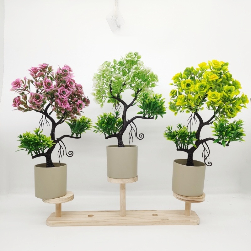 Plantă artificială în ghiveci cu roză și mini bonsai – decor pentru casă