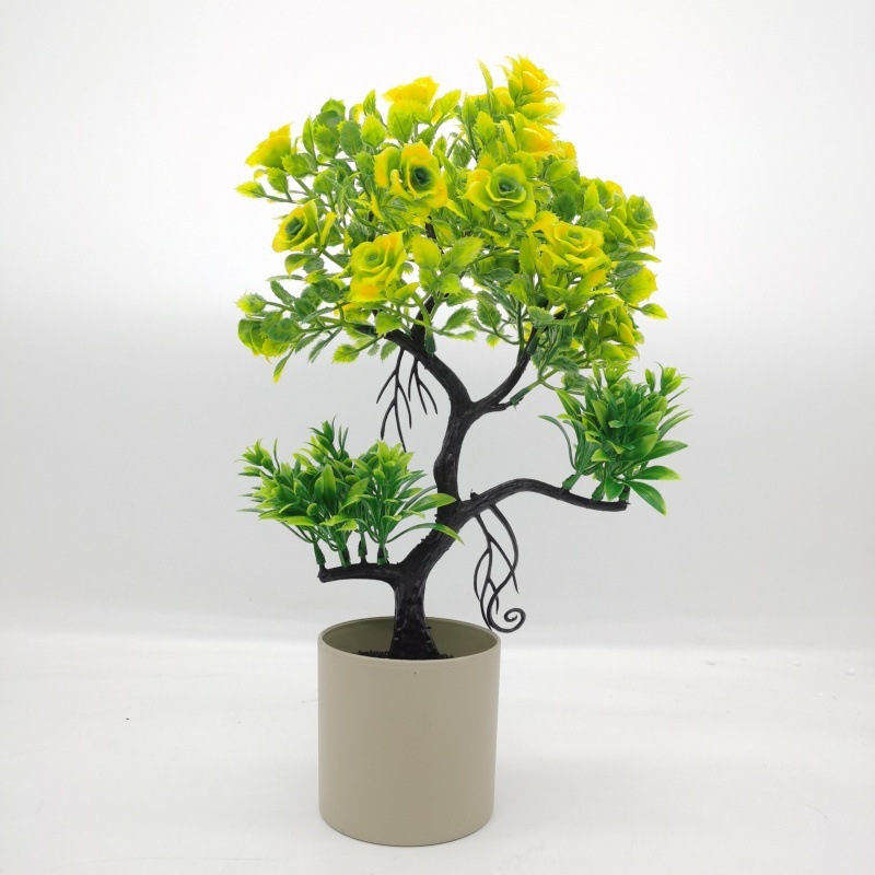 Plantă artificială în ghiveci cu roză și mini bonsai – decor pentru casă