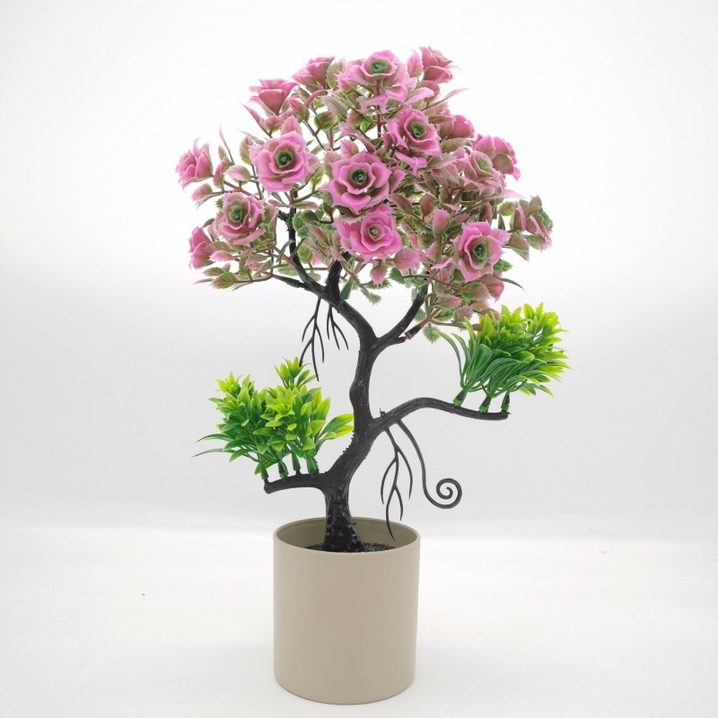 Plantă artificială în ghiveci cu roză și mini bonsai – decor pentru casă