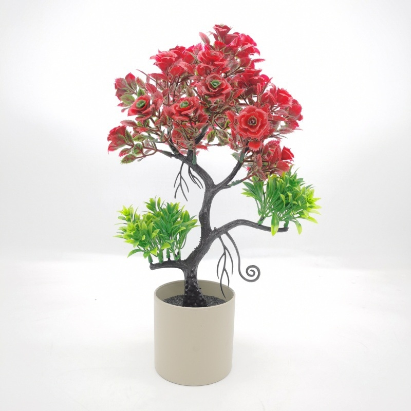 Plantă artificială în ghiveci cu roză și mini bonsai – decor pentru casă