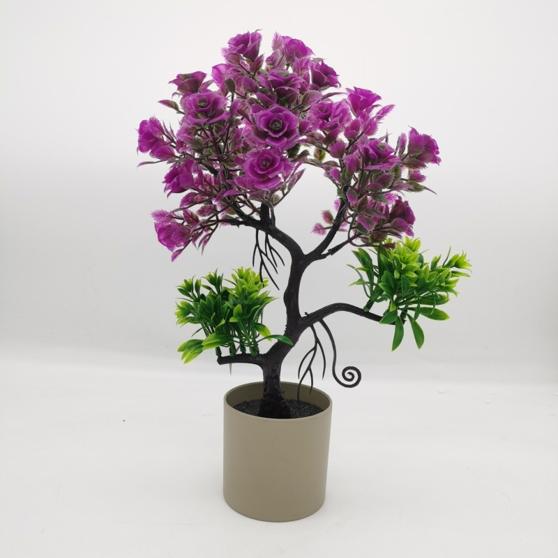 Plantă artificială în ghiveci cu roză și mini bonsai – decor pentru casă