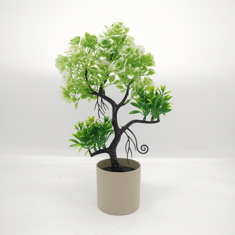 Plantă artificială în ghiveci cu roză și mini bonsai – decor pentru casă