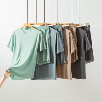Muški Ice Silk set za kućnu upotrebu, s okruglim izrezom, bez šavova, kratki rukavi i kratke hlače, ultra lagan, prozračan, pogodan za kuću i vanjsku upotrebu, velika veličina.