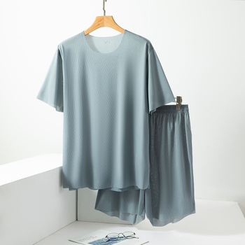 Muški Ice Silk set za kućnu upotrebu, s okruglim izrezom, bez šavova, kratki rukavi i kratke hlače, ultra lagan, prozračan, pogodan za kuću i vanjsku upotrebu, velika veličina.