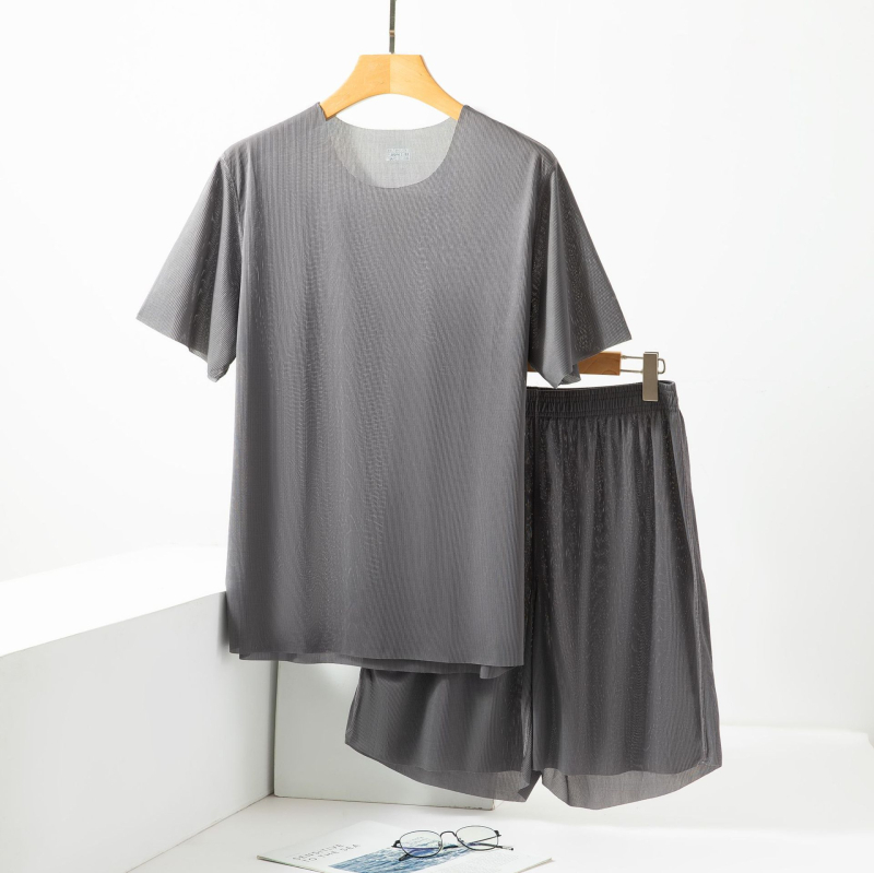 Muški Ice Silk set za kućnu upotrebu, s okruglim izrezom, bez šavova, kratki rukavi i kratke hlače, ultra lagan, prozračan, pogodan za kuću i vanjsku upotrebu, velika veličina.